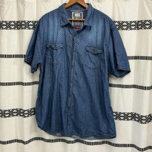 MBX Denim Wear Mens Button Down Shirt Short Sleeve Blue Patterned Casual